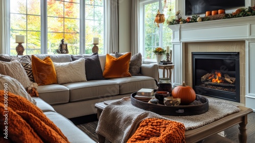 Cozy autumn living room with fireplace