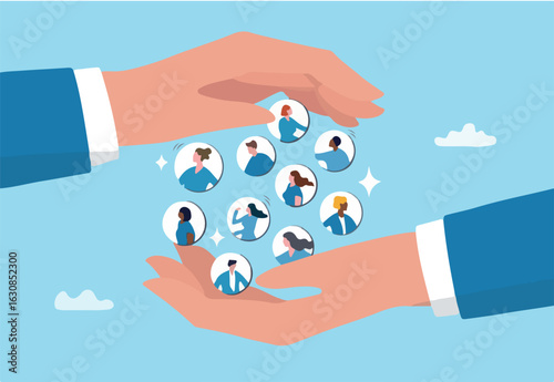 Customer retention, marketing strategy for customer loyalty, employee engagement, recruitment or human resource hiring, consumer care or benefit concept, businessman hand holding customer with care