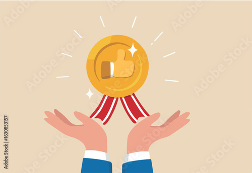 Endorsement or recommendation for employee or product, high quality approval, public support or positive satisfaction evaluation concept, businessman hand giving thumb up honor endorsement badge