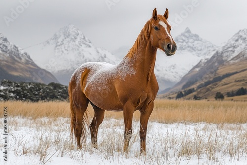A reddish-brown horse stands in a snowy field, mountains in the background