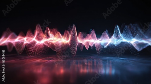 Abstract sound waves, vibrant colors, reflected on dark surface