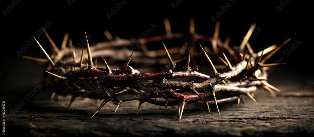 Fototapeta premium Crown of thorns rests on dark wood
