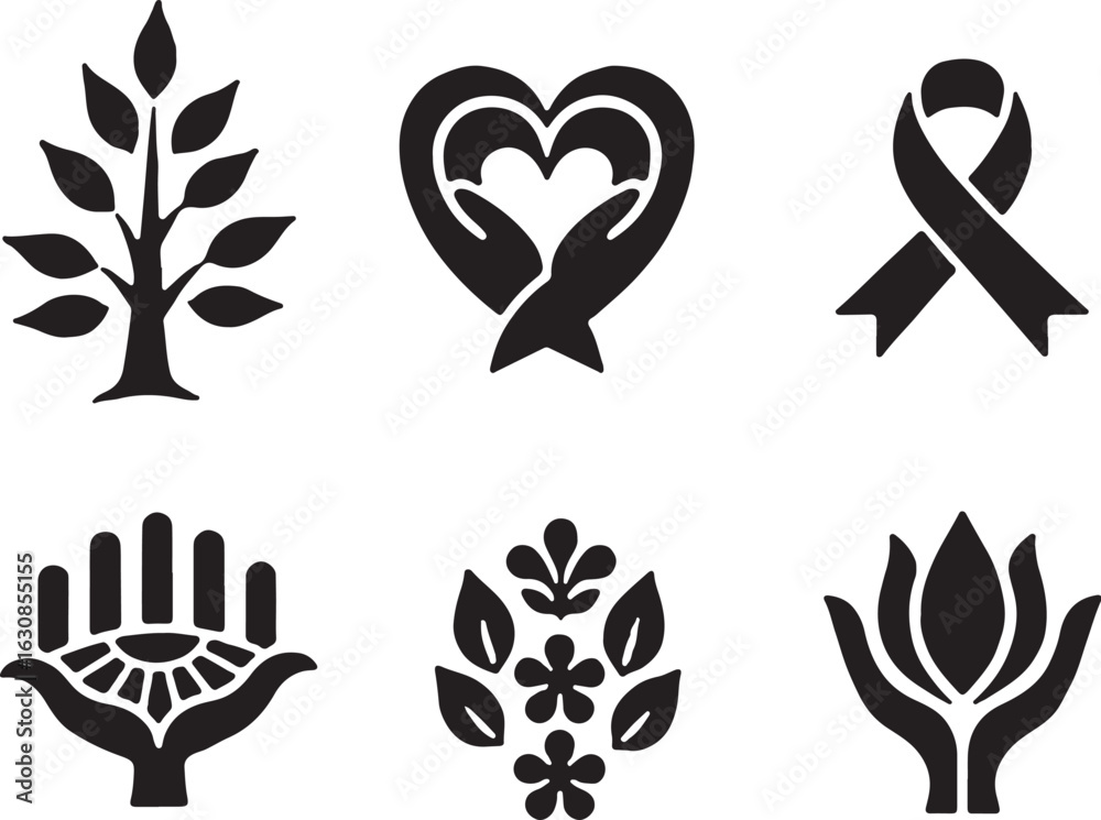 Obraz premium Charity and wellness icons, 6 black vector symbols, support logos
