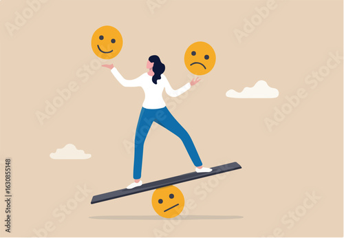 Emotional intelligence, balance emotion control feeling between work stressed or sadness and happy lifestyle concept, mindful calm woman using her hand to balance smile and sad face	
