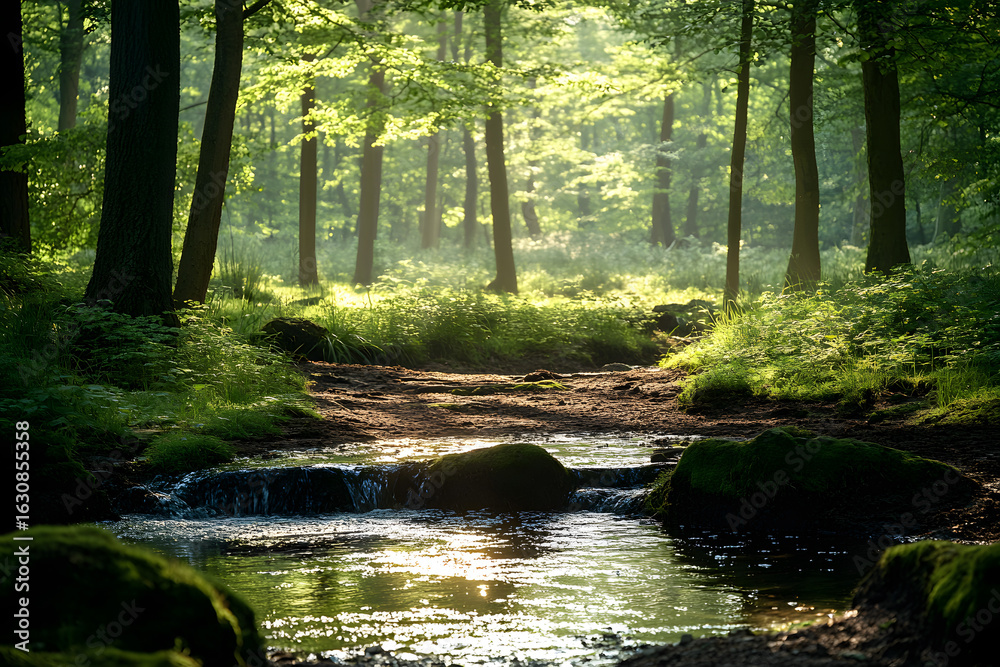 Obraz premium Stream, sun, trees, soft light.