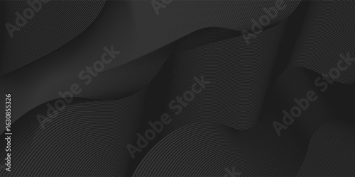 Black abstract background design. Modern wavy line pattern (guilloche curves) in monochrome colors. Premium stripe texture for banner, business backdrop. Dark horizontal vector template
