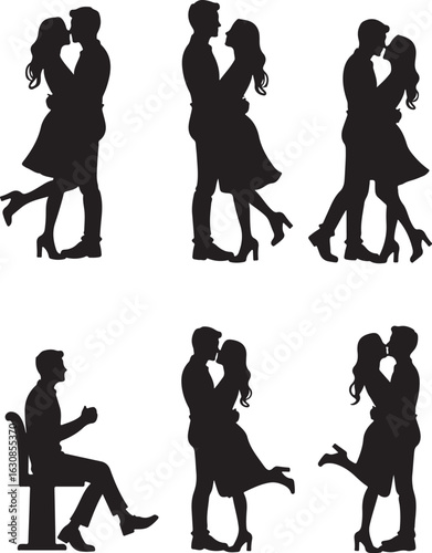 Romantic silhouettes of couples hugging and kissing tenderly