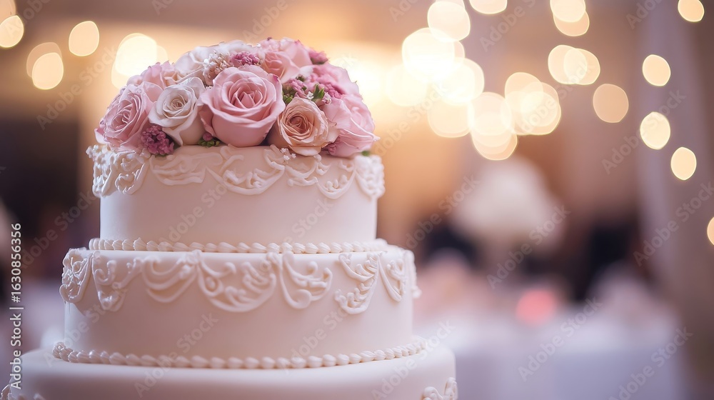 Fototapeta premium Elegant three-tier wedding cake adorned with soft pink roses and intricate royal icing details, glowing softly.