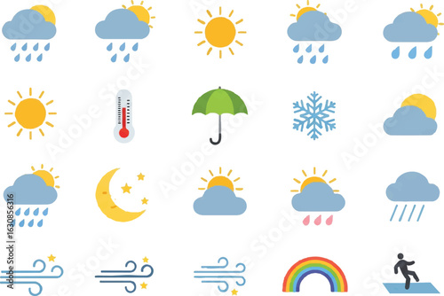 Collection of weather icons showing sun rain clouds snow wind rainbow and thermometer isolated on transparent background