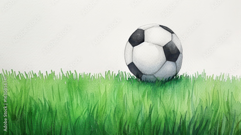Obraz premium Vivid watercolor depicting a thrilling soccer match on a lush green field, featuring a central soccer ball.