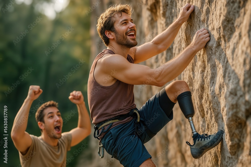 Obraz premium Prosthetic Limb Climber Triumphing at Mountain Cliff with Supportive Friend Outdoors