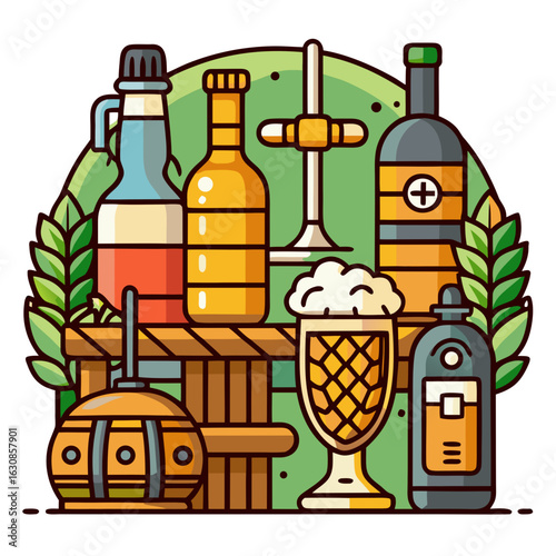 British Beer Vector Set - Pints, Mugs, Bottles, Hops & Barrels - Flat Design PNG