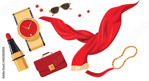Assortment of stylish women's accessories with red scarf and watch lipstick sunglasses