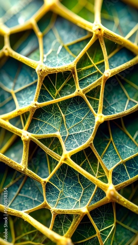Detailed Close Up of Green Leaves with Interwoven Golden Veins Showing Intricate Patterns