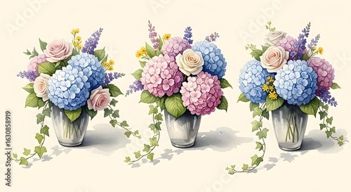 Watercolor Hydrangea Rose Floral Bouquets Vases Illustration Set