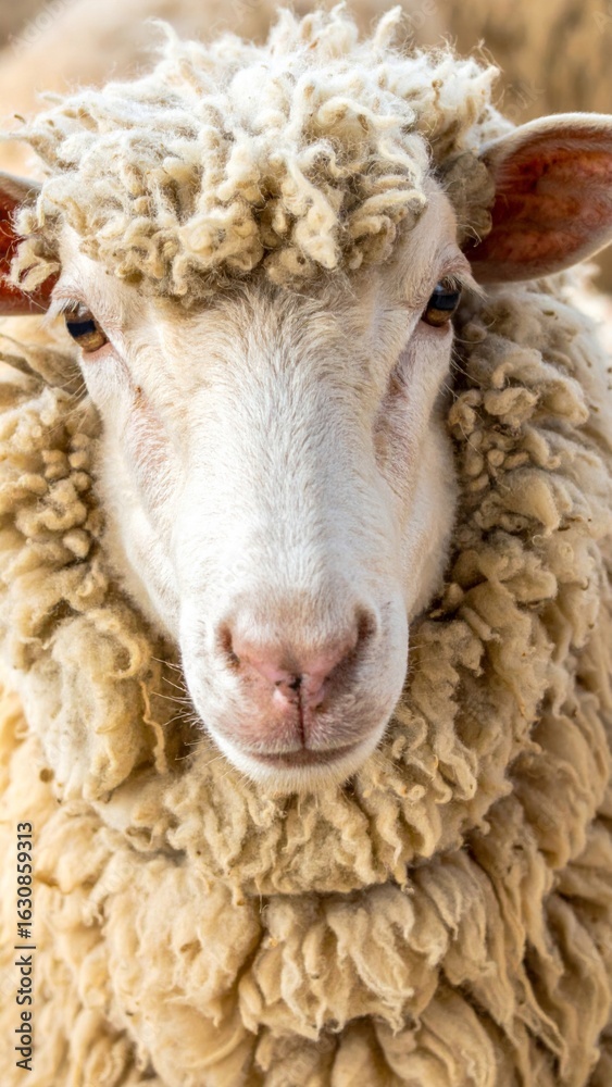 Obraz premium Portrait of a Sheep with Creamy White Woolly Fleece and Pink Nose in an Outdoor Farm