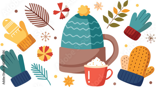 Vibrant winter accessories and hot beverage with decorative elements gloves mittens
