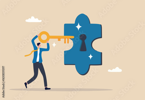 Turnkey solution complete ready to use product, open opportunity to solve customer problem, unlock potential to success, software or platform concept, businessman turn key into jigsaw puzzle keyhole.