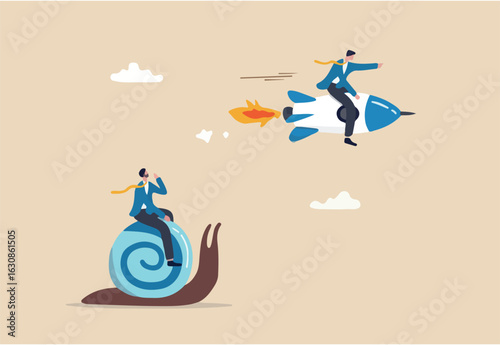 Boost fast speed to win business competition, high performance employee, competitive advantage winner, innovation or skill to success concept, businessman winner riding rocket, another on slow snail.