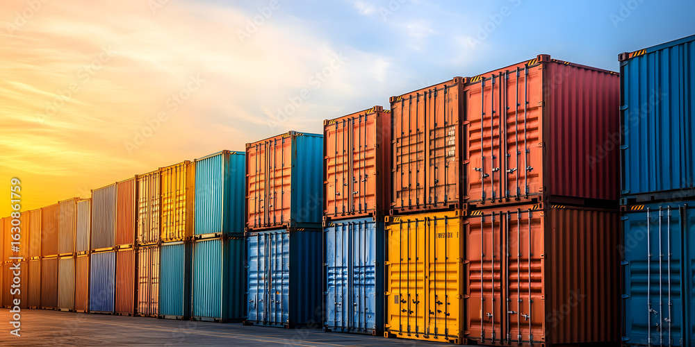 Fototapeta premium Shipping containers stacked at sunset.