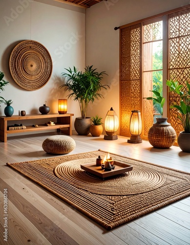 Warm Lit Interior with Wooden Furnishings Beige Woven Carpet Plants and Decorative Accents