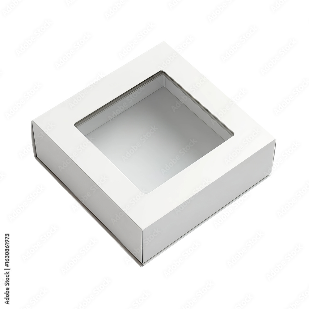 Fototapeta premium Packaging Box With Window: A minimalistic and elegant square box with a transparent window, offering a sneak peek into what's inside, symbolizing packaging design and product presentation.