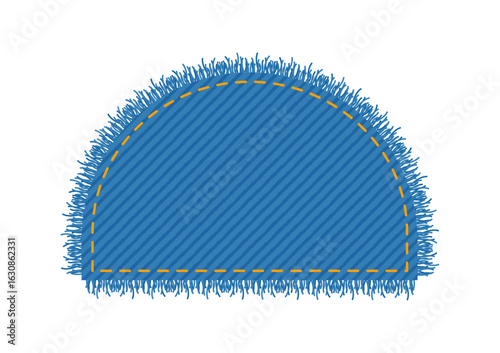 Patch denim Half circle Semicircle shape with stitches seam torn Frayed edges jeans label fashion illustration. Flat apparel blue color template isolated on white background