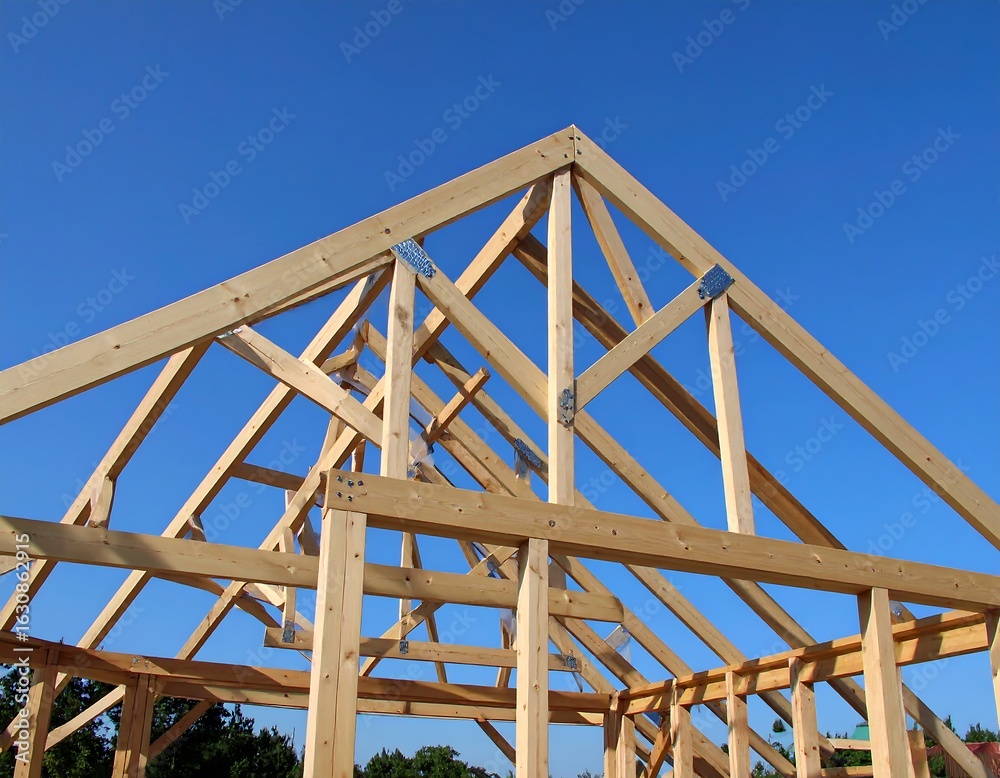 Obraz premium Wooden house frame under construction against a clear blue sky