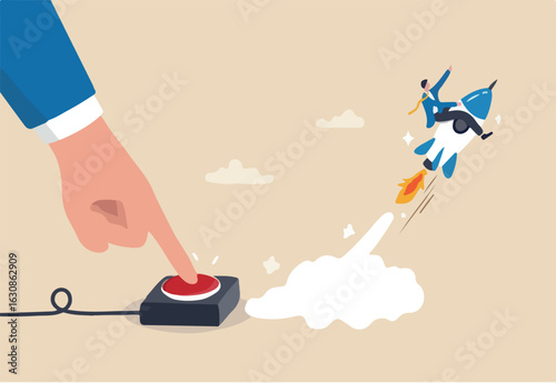 Launch startup rocket, start new business, boost rocket speed to success, begin entrepreneur company takeoff, fast growth corporate concept, businessman hand push start to launch startup rocket