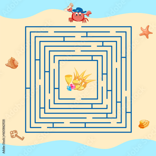 Help the crab find the treasure in the maze. Cartoon vector illustration for children's entertainment, worksheet, activity book.