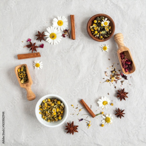 Overhead Flatlay of Chamomile Tea Ingredients Arranged in Circular Pattern on Grey Background with Star Anise