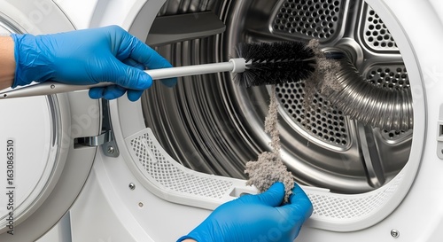 Person in Blue Gloves Cleaning Lint and Debris from Clothes Dryer Drum and Filter with a Brush for Appliance Maintenance and Fire Safety