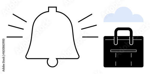 Bell ringing to indicate notification, nearby briefcase for work and cloud symbol for digital space. Ideal for business, productivity, reminders, alerts, digital apps, time management, simple flat