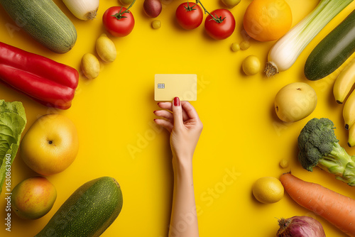 Fruits and vegetables on a yellow background with a woman's hand holding a credit card