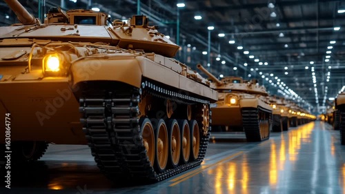 Military tanks being assembled in a modern factory setting with focused lighting and industrial atmosphere