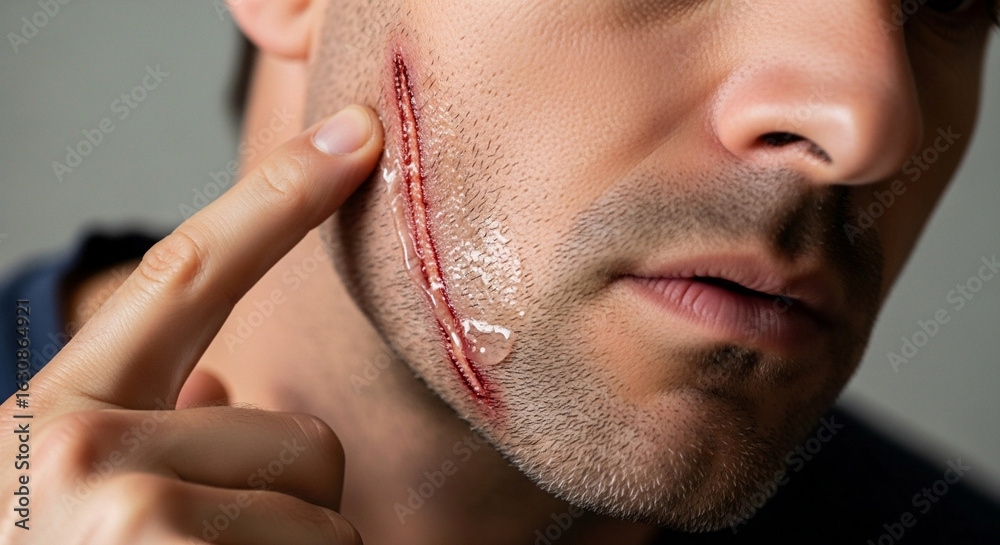 Fototapeta premium Man applying healing ointment on fresh facial scar in home environment during daylight hours
