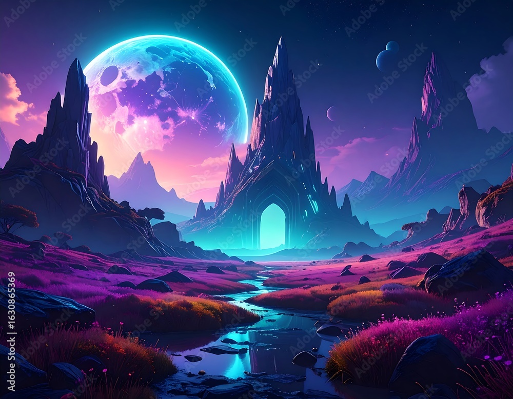 Fototapeta premium Cosmic landscape, vibrant colors, otherworldly