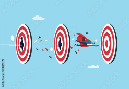 Power to reach targets, goals or achievements, aiming, challenge or aspiration to success, motivation or strength, leadership skill concept, businessman superhero flying breakthrough target bullseyes