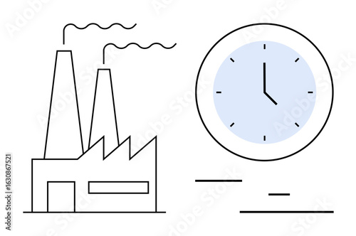Factory emits smoke from tall chimneys near a clock with black hands. Ideal for industry, manufacturing, productivity, efficiency, time management, operations, or a simple landing page