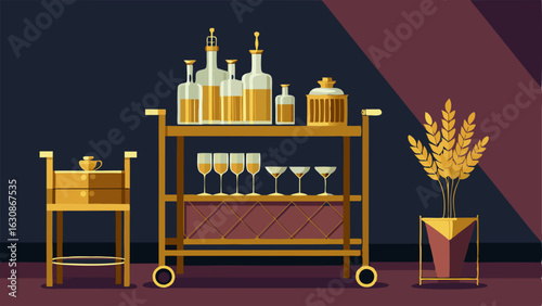 A goldtrimmed bar cart sits in the corner of the room showcasing a collection of crystal decanters and glasses.