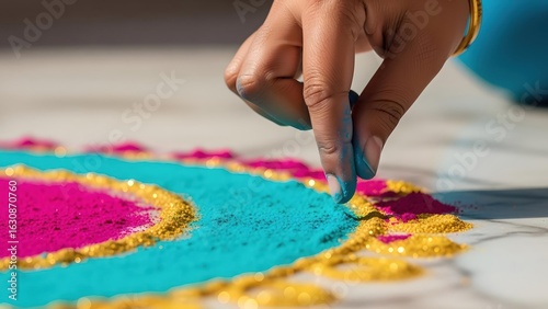 Indian woman’s hand creating colored rangoli design on marble floor