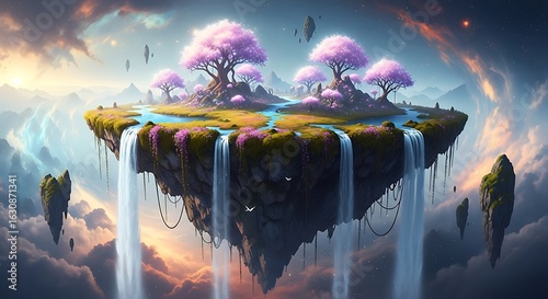 Fantasy Island: A whimsical depiction of a floating island, adorned with vibrant trees, cascading waterfalls, and a mesmerizing sky, a place where imagination takes flight.