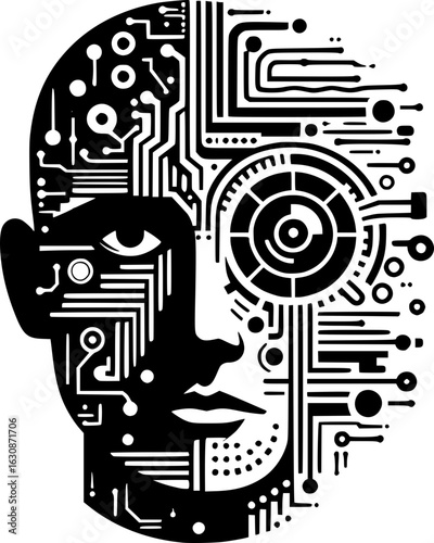 Minimalist black and white icon of a man's face blended with technology elements, clean lines, ideal for modern tech logos, stickers, or digital use.
