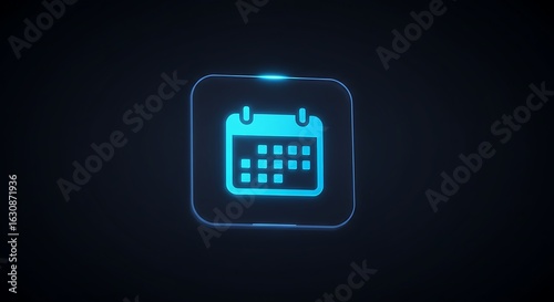 Futuristic glowing calendar icon in blue hologram style on black background