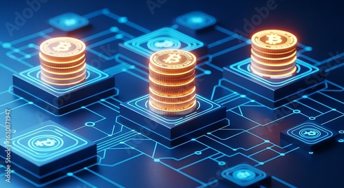 Bitcoin Stacks on Digital Circuitry: A visual representation of cryptocurrency's core, bitcoin coins meticulously stacked, resting upon intricate circuit boards.