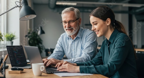 Experienced senior businessman mentoring a young female colleague, working together on a laptop in a modern office.