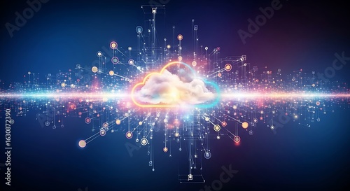 Digital Cloud Innovation: A vibrant representation of cloud computing technology, with glowing lines connecting to a central cloud icon, symbolizing interconnected data and modern advancements.