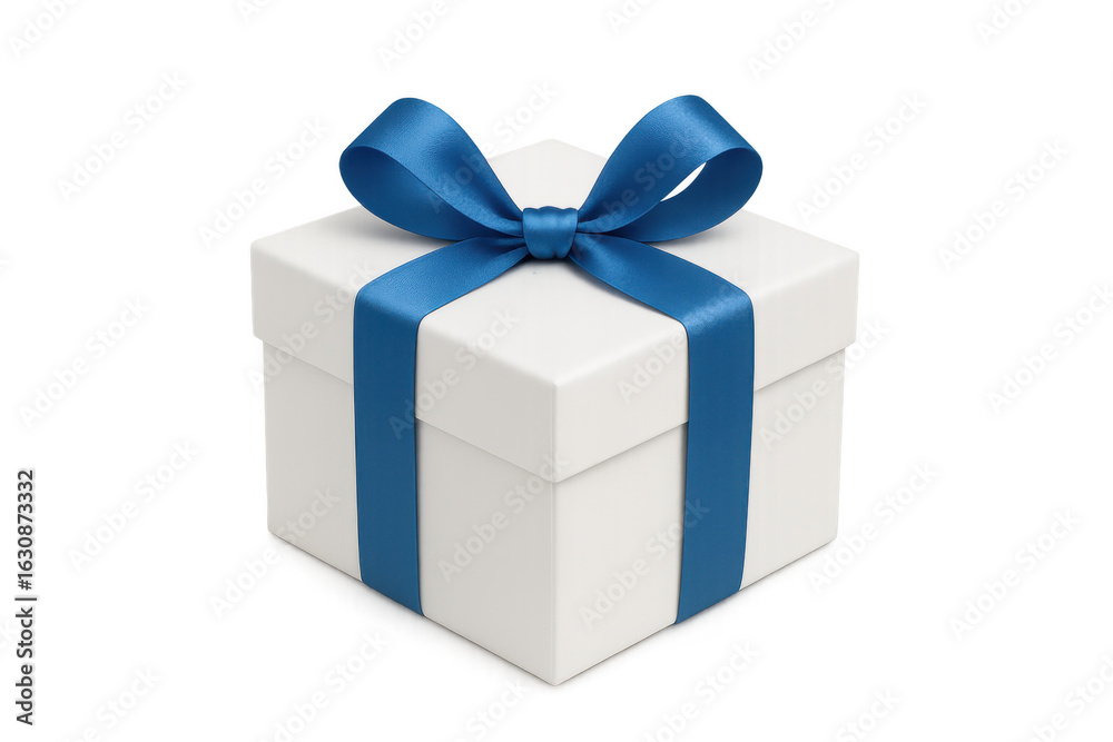 Obraz premium Pristine white gift box, blue ribbon-wrapped, resting on clear surface, ideal for festive gifting moments and celebrations