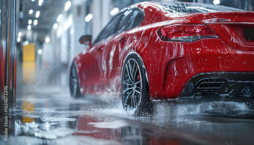 High-pressure wash on a shiny red car