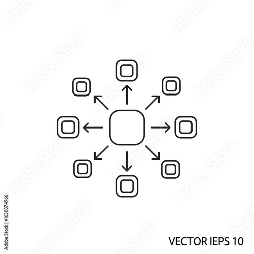 Central hub with radiating connections and outbound arrows, symbolizing network, distribution, and data flow for business strategies